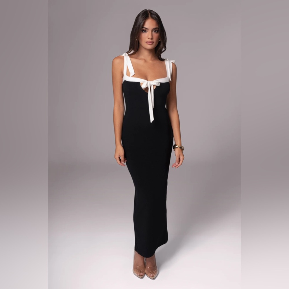 JLUXLABEL Black Ribbed Tie Front Bodycon Midi Dress - Picture 3 of 6